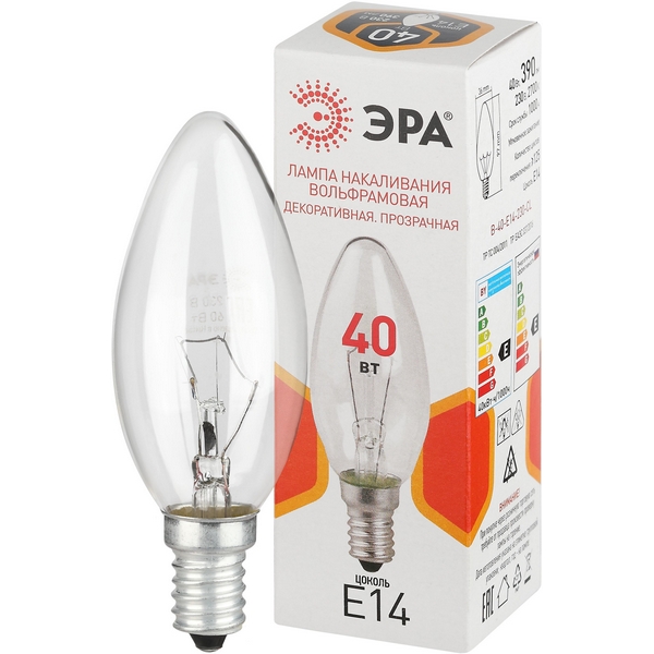 

Лампочка накаливания E14 40W ЭРА B-40-E14-230-CL, B-40-E14-230-CL