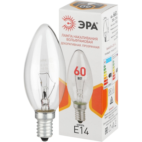 

Лампочка накаливания E14 60W ЭРА B-60-E14-230-CL, B-60-E14-230-CL