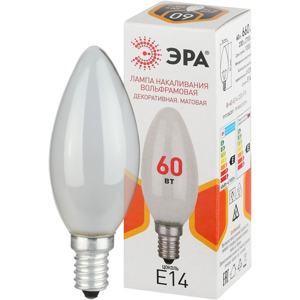 

Лампочка накаливания E14 60W ЭРА B-60-E14-230-FR, B-60-E14-230-FR