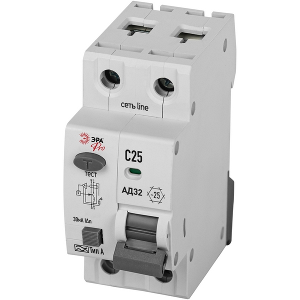 

Автоматический выключатель дифференциального тока 1P+N C25 30мА 4,5кА тип А ЭРА D32E2C25А30, D32E2C25А30