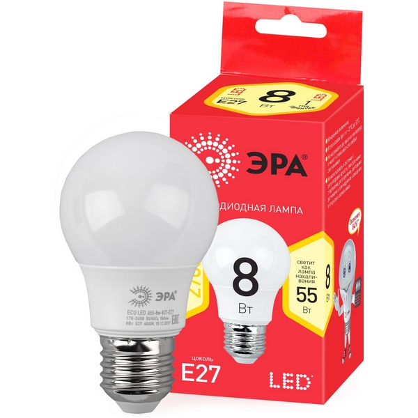 

Лампочка светодиодная E27 8Вт ЭРА ECO LED A55-6W-827-E27 ECO LED A55-8W-827-E27 R, ECO LED A55-6W-827-E27 ECO LED A55-8W-827-E27 R