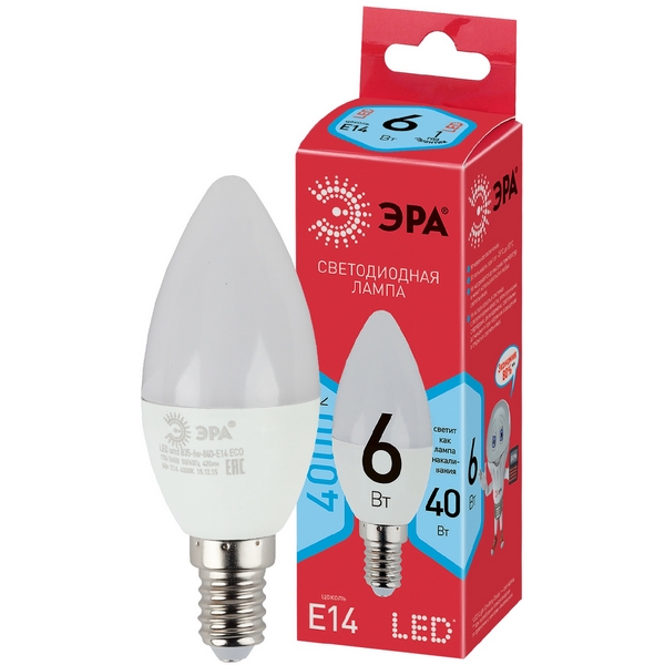 Изображение товара Светодиодная лампочка E14 6 Вт ЭРА ECO LED B35-6W-840-E14 для дома и офиса