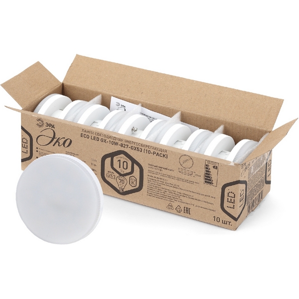 Изображение товара Лампочка светодиодная GX53 10Вт ЭРА ECO LED GX-10W-827-GX53 ECO LED GX-10W-827-GX53 (10-PACK)