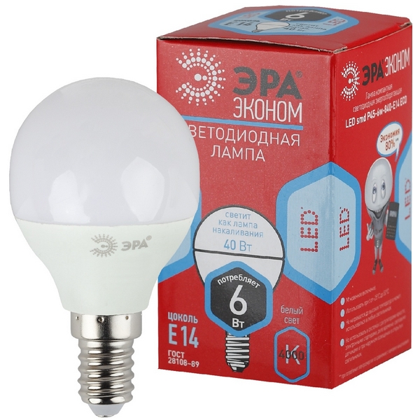 Изображение товара Лампочка светодиодная E14 6Вт ЭРА ECO LED Р45-6W-840-E14 ECO LED P45-6W-840-E14 R