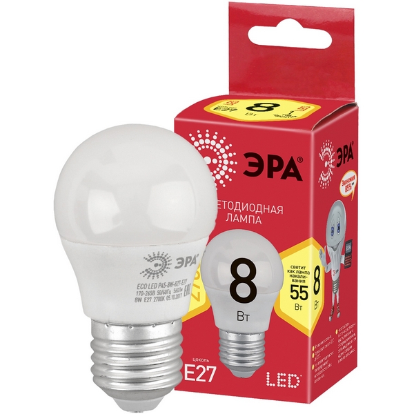 

Лампочка светодиодная E27 8W ЭРА ECO LED P45-8W-827-E27, ECO LED P45-8W-827-E27