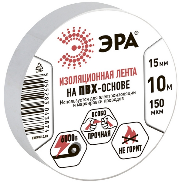 

Изолента 15мм 10м белая ЭРА ET1510WHITE, Белый, ET1510WHITE