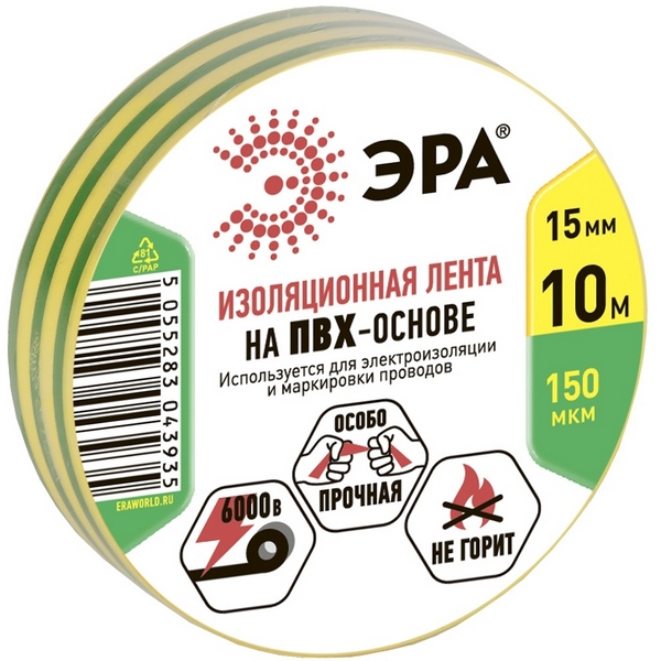 

Изолента 15мм 10м желто-зеленая ЭРА ET1510YG, Желтый;зеленый, ET1510YG