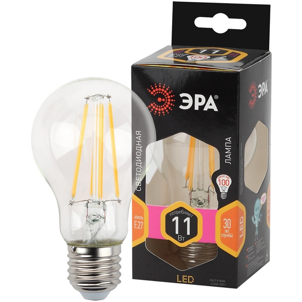 

Лампочка светодиодная филаментная E27 11W ЭРА F-LED A60-11W-827-E27, F-LED A60-11W-827-E27