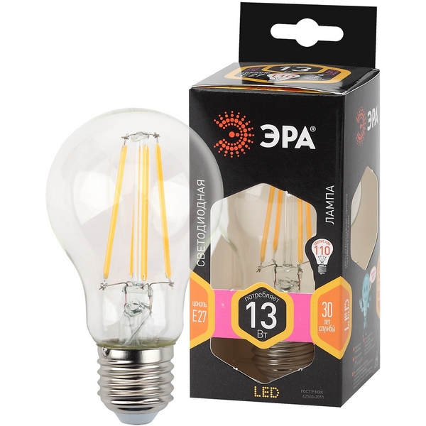 

Лампочка светодиодная филаментная E27 13W ЭРА F-LED A60-13W-827-E27, F-LED A60-13W-827-E27
