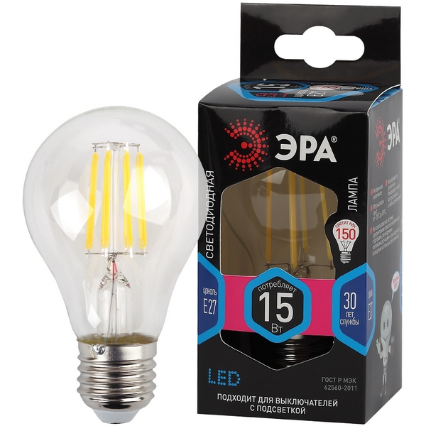 

Лампочка светодиодная филаментная E27 15W ЭРА F-LED A60-15W-840-E27, F-LED A60-15W-840-E27