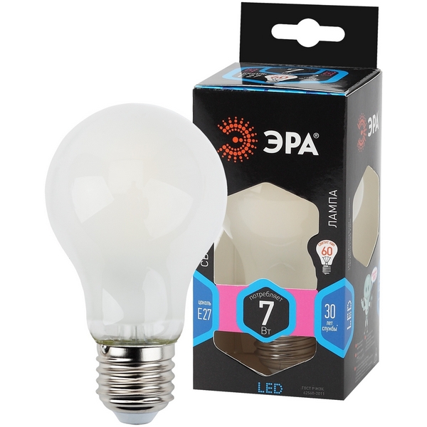 Изображение товара Светодиодная лампочка E27 7Вт филаментная ЭРА A60 Frost нейтральный свет