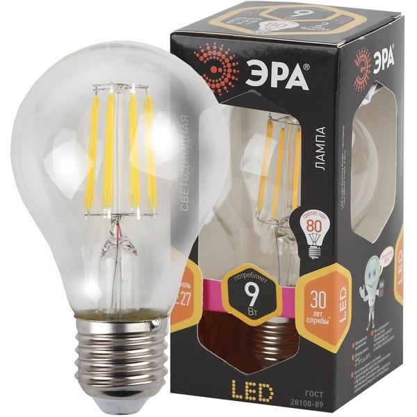 

Лампочка светодиодная филаментная E27 9W ЭРА F-LED A60-9W-827-E27, F-LED A60-9W-827-E27