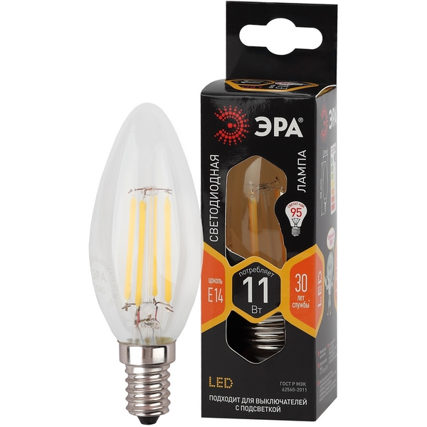 

Лампочка светодиодная филаментная E14 11W ЭРА F-LED B35-11w-827-E14, F-LED B35-11w-827-E14