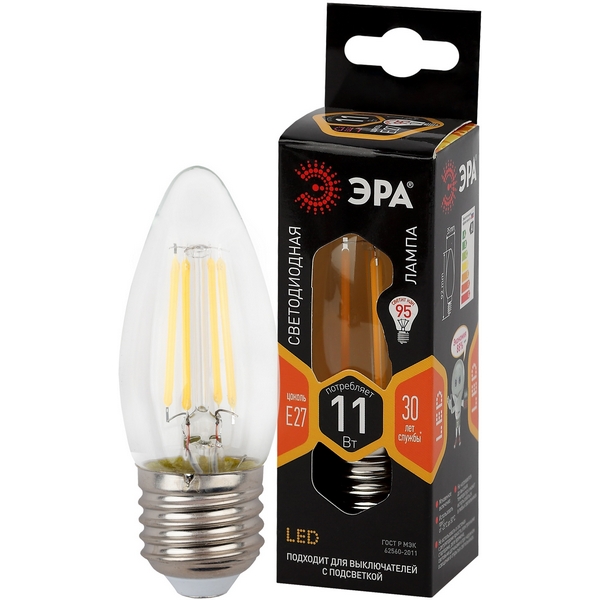 

Лампочка светодиодная филаментная E27 11W ЭРА F-LED B35-11w-827-E27, F-LED B35-11w-827-E27