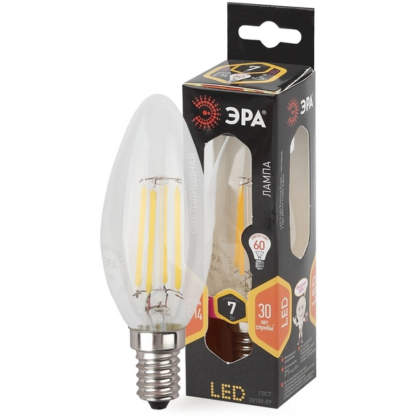 

Лампочка светодиодная филаментная E14 7W ЭРА F-LED B35-7W-827-E14, F-LED B35-7W-827-E14