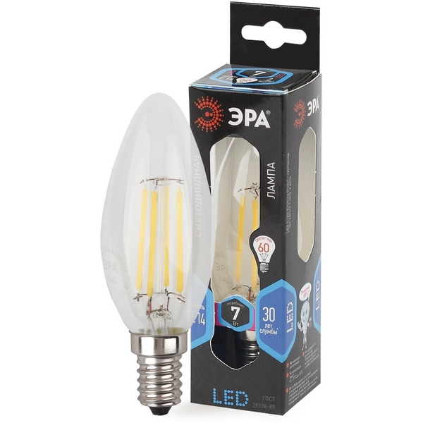 

Лампочка светодиодная филаментная E14 7W ЭРА F-LED B35-7W-840-E14, F-LED B35-7W-840-E14