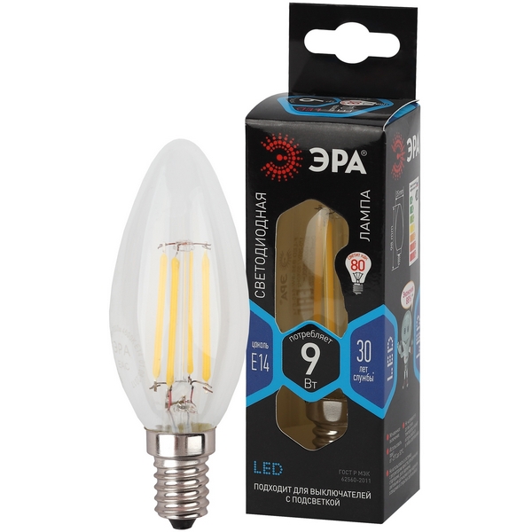 

Лампочка светодиодная филаментная E14 9W ЭРА F-LED B35-9w-840-E14, F-LED B35-9w-840-E14