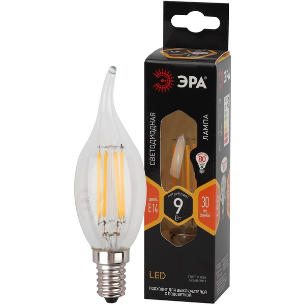 

Лампочка светодиодная филаментная E14 9W ЭРА F-LED BXS-9W-827-E14, F-LED BXS-9W-827-E14