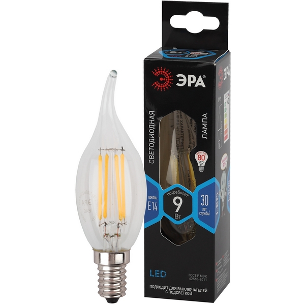 

Лампочка светодиодная филаментная E14 9W ЭРА F-LED BXS-9W-840-E14, F-LED BXS-9W-840-E14