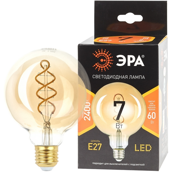 

Лампочка светодиодная филаментная E27 7W ЭРА F-LED G95-7W-824-E27 spiral gold, F-LED G95-7W-824-E27 spiral gold