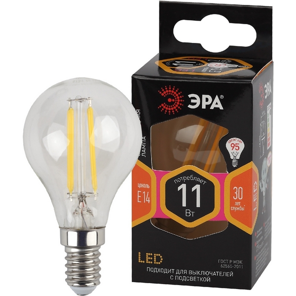 

Лампочка светодиодная филаментная E14 11W ЭРА F-LED P45-11w-827-E14, F-LED P45-11w-827-E14