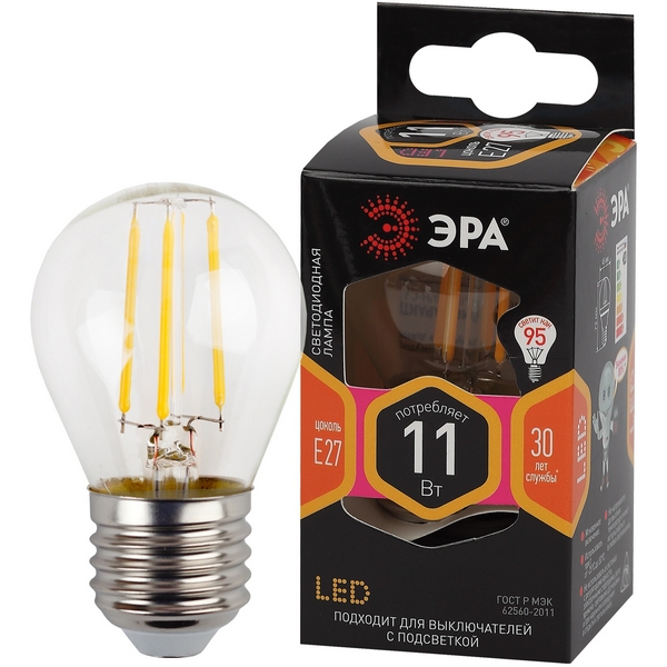 

Лампочка светодиодная филаментная E27 11W ЭРА F-LED P45-11w-827-E27, F-LED P45-11w-827-E27