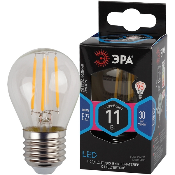 

Лампочка светодиодная филаментная E27 11W ЭРА F-LED P45-11w-840-E27, F-LED P45-11w-840-E27