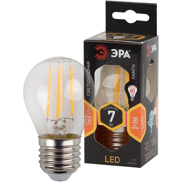 

Лампочка светодиодная филаментная E27 7W ЭРА F-LED P45-7W-827-E27, F-LED P45-7W-827-E27