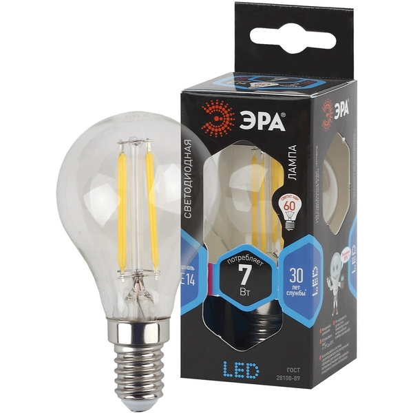 

Лампочка светодиодная филаментная E14 7W ЭРА F-LED P45-7W-840-E14, F-LED P45-7W-840-E14