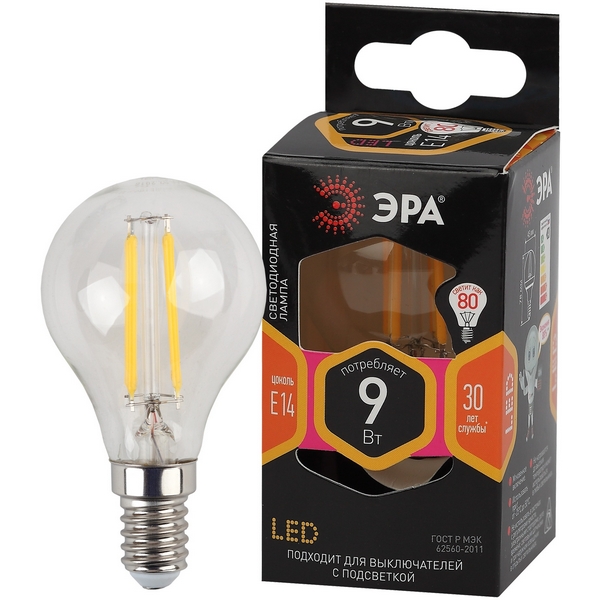 

Лампочка светодиодная филаментная E14 9W ЭРА F-LED P45-9w-827-E14, F-LED P45-9w-827-E14