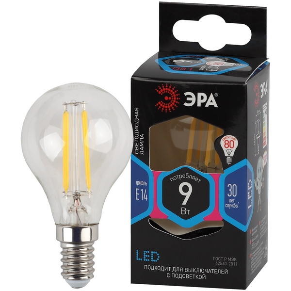 

Лампочка светодиодная филаментная E14 9W ЭРА F-LED P45-9w-840-E14, F-LED P45-9w-840-E14