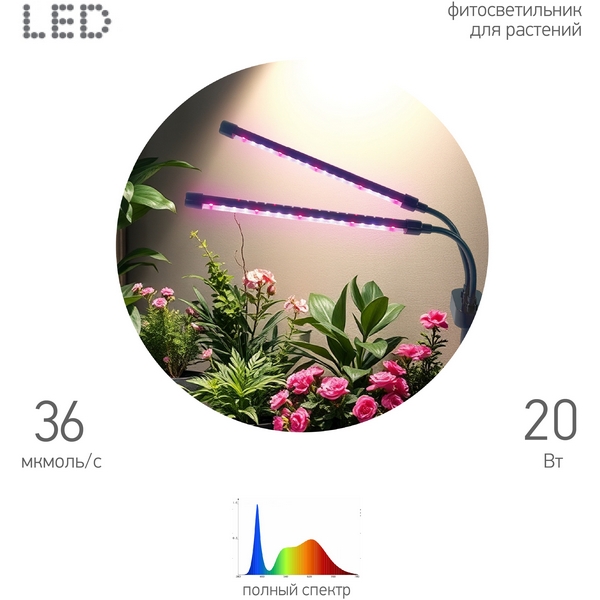 Изображение товара Настольная светодиодная лампа для растений ЭРА FITO-20W-АLED-Ra-USB