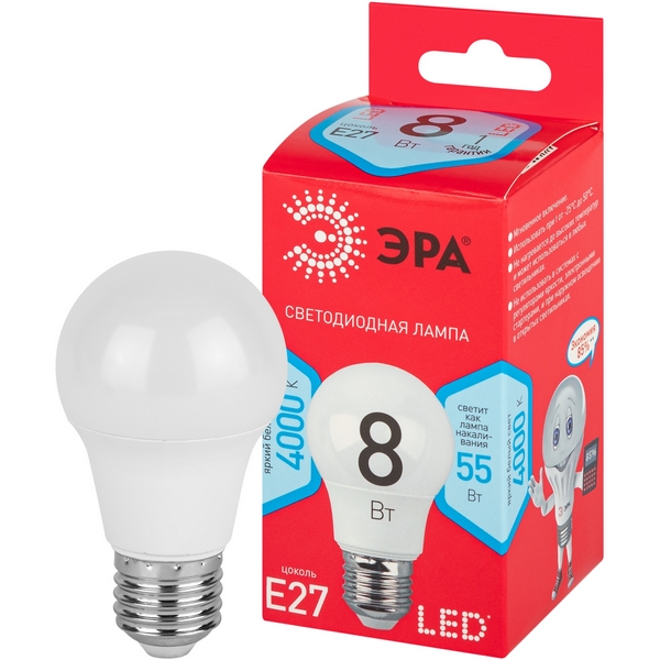 

Лампочка светодиодная E27 8W ЭРА LED A55-8W-840-E27 R, LED A55-8W-840-E27 R