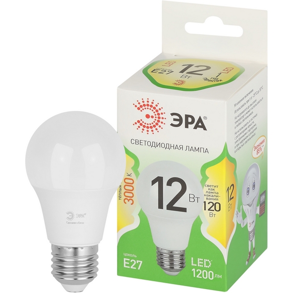 

Лампочка светодиодная E27 12W ЭРА LED A60-12W-830-E27 GL, LED A60-12W-830-E27 GL