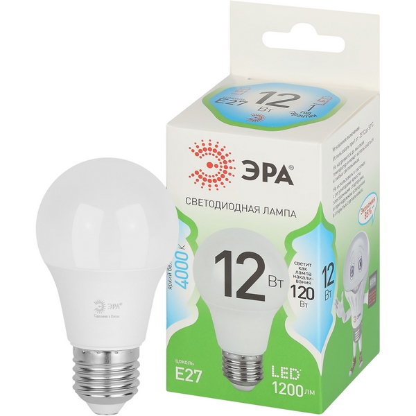 

Лампочка светодиодная E27 12W ЭРА LED A60-12W-840-E27 GL, LED A60-12W-840-E27 GL