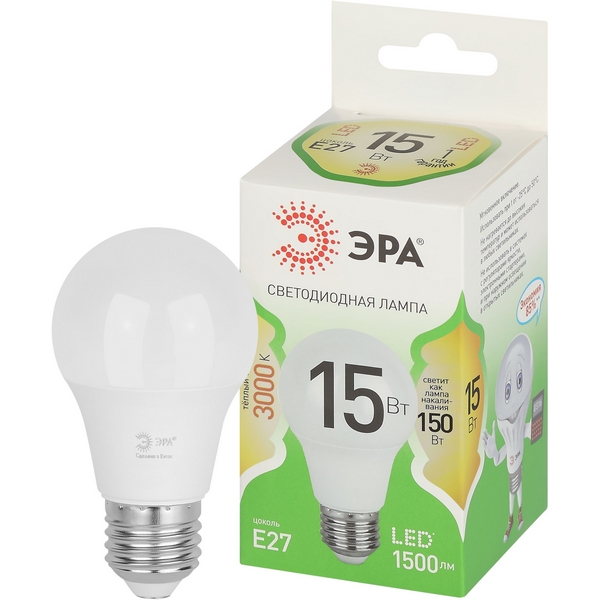 

Лампочка светодиодная E27 15W ЭРА LED A60-15W-830-E27 GL, LED A60-15W-830-E27 GL