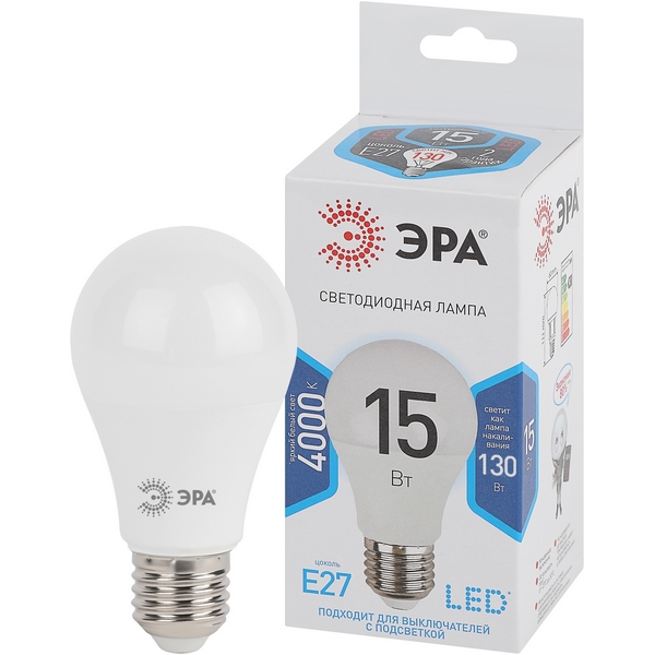 

Лампочка светодиодная E27 15W ЭРА LED A60-15W-840-E27, LED A60-15W-840-E27