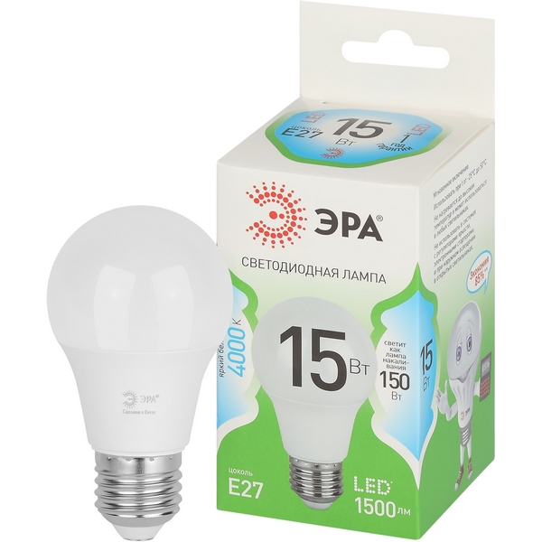 

Лампочка светодиодная E27 15W ЭРА LED A60-15W-840-E27 GL, LED A60-15W-840-E27 GL