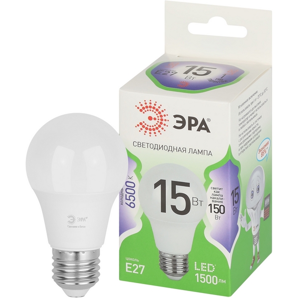 

Лампочка светодиодная E27 15W ЭРА LED A60-15W-865-E27 GL, LED A60-15W-865-E27 GL