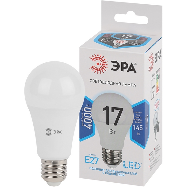 

Лампочка светодиодная E27 17W ЭРА LED A60-17W-840-E27, LED A60-17W-840-E27