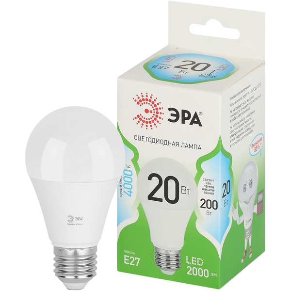 

Лампочка светодиодная E27 20W ЭРА LED A60-20W-840-E27 GL, LED A60-20W-840-E27 GL