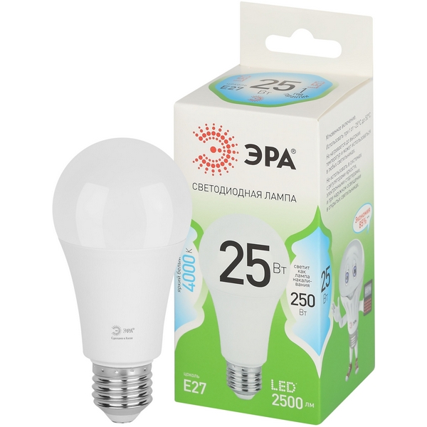 

Лампочка светодиодная E27 25W ЭРА LED A60-25W-840-E27 GL, LED A60-25W-840-E27 GL
