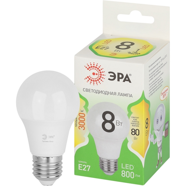 

Лампочка светодиодная E27 8W ЭРА LED A60-8W-830-E27 GL, LED A60-8W-830-E27 GL