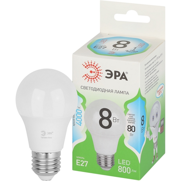 

Лампочка светодиодная E27 8W ЭРА LED A60-8W-840-E27 GL, LED A60-8W-840-E27 GL