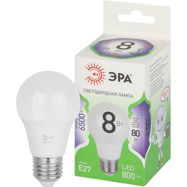 

Лампочка светодиодная E27 8W ЭРА LED A60-8W-865-E27 GL, LED A60-8W-865-E27 GL