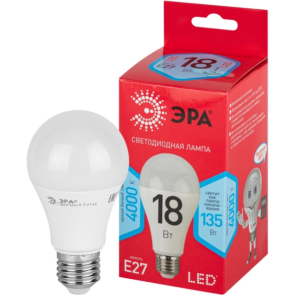 

Лампочка светодиодная E27 18W ЭРА LED A65-18W-840-E27 R, LED A65-18W-840-E27 R