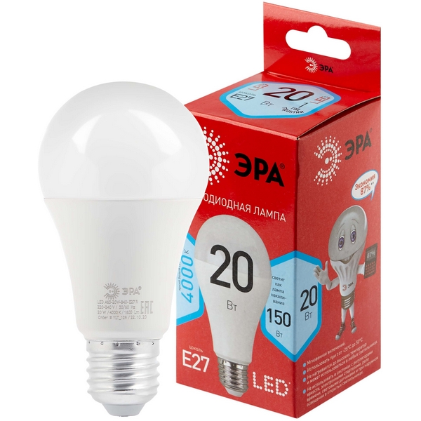 

Лампочка светодиодная E27 20W ЭРА LED A65-20W-840-E27 R, LED A65-20W-840-E27 R