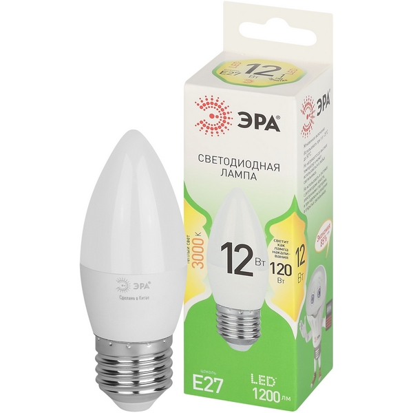 

Лампочка светодиодная E27 12W ЭРА LED B35-12W-830-E27 GL, LED B35-12W-830-E27 GL