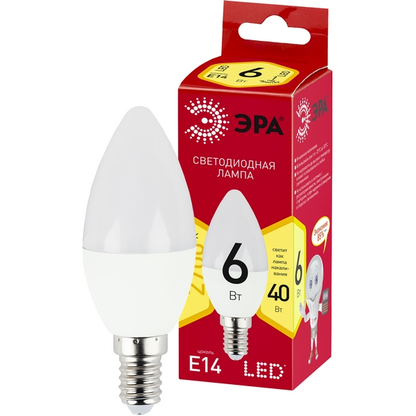 

Лампочка светодиодная E14 6W ЭРА LED B35-6W-827-E14 R, LED B35-6W-827-E14 R