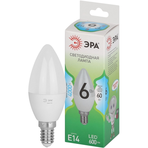 

Лампочка светодиодная E14 6W ЭРА LED B35-6W-840-E14 GL, LED B35-6W-840-E14 GL